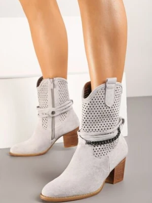 Szare Botki Vices na Słupku w Stylu Kowbojek z Ażurową Cholewką i Paskami Tulifedi