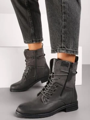 Szare Botki Workery z Łączonych Materiałów z Ozdobnym Suwakiem Debiora