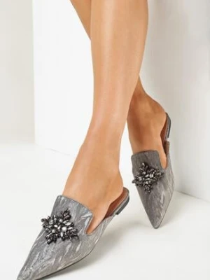 Szare Brokatowe Klapki Mule ze Szpiczastym Noskiem w Cyrkonie Vanesine