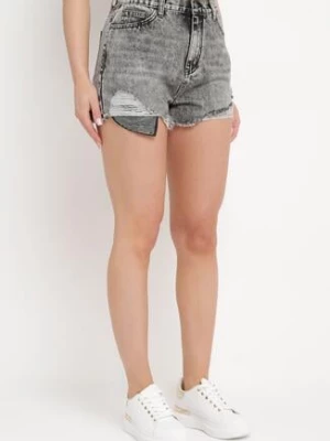 Szare Jeansowe Bawełniane Szorty z Wysokim Stanem i Wystrzępionymi Nogawkami Ozdobione Cyrkoniami Moara