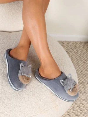 Szare Kapcie Futrzane z Kotkiem Leze