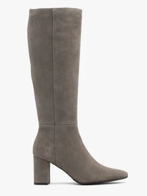 Szare kozaki na słupku ze skóry welurowej Ryłko