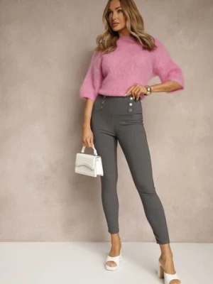 Szare Legginsy High Waist z Ozdobnymi Guzikami Kolowenia