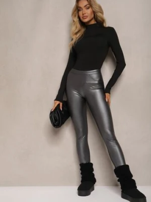 Szare Legginsy z Imitacji Skóry High Waist Noriel defox
