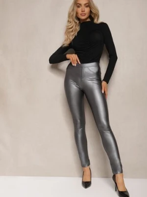 Szare Legginsy z Imitacji Skóry High Waist Noriel defox