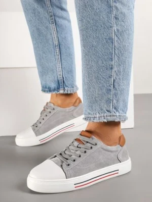 Szare Płaskie Trampki ze Skóry Naturalnej ze Skórzaną Wkładką i Ozdobnym Noskiem Milili