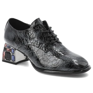 Półbuty damskie Artiker, skórzane na klocku bogato zdobione i sznurowane, szare, 57C0072