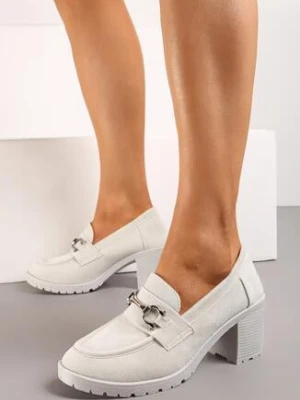 Szare Półbuty w Stylu Mokasynów na Słupku i Niskiej Platformie z Klamerką Nardica