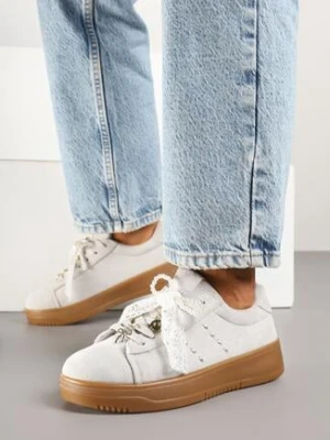 Szare Sneakersy na Grubej Podeszwie z Ozdobnymi Kokardkami Divelia