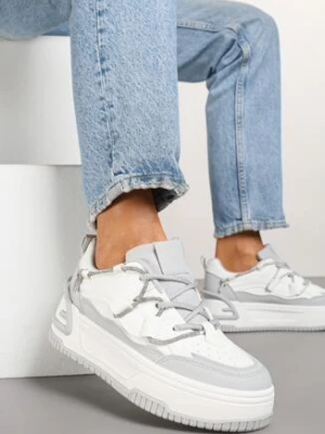 Biało-Szare Sneakersy na Grubej Podeszwie Zdobione Cyrkoniami Neothra