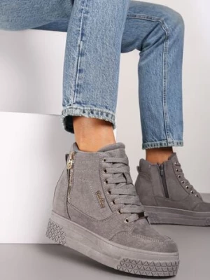 Szare Sneakersy na Koturnie z Metalicznymi Detalami i Dodatkowym Suwakiem Dailise