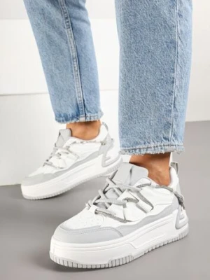 Biało-Szare Sneakersy na Platformie z Paskiem z Cyrkonii Aneolin