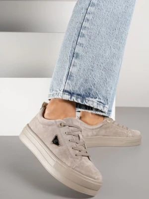 Szare Sneakersy na Platformie z Zamszu Naturalnego Ozdobione Aplikacją Beliale santorio