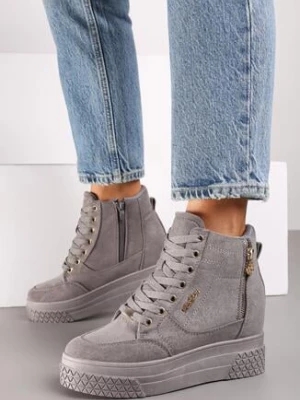 Szare Sneakersy na Ukrytym Koturnie z Metalicznymi Wstawkami i Ozdobnym Suwakiem Daimana