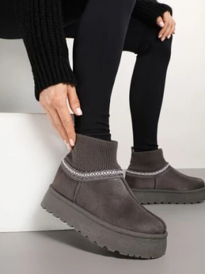 Szare Śniegowce na Platformie ze Skarpetową Cholewką Erevelis