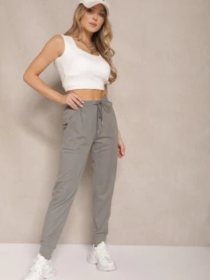 Szare Spodnie Dresowe z Wiskozą High Waist Ozdobione Sznurkiem Ellivenna