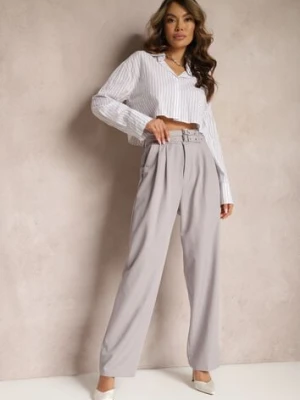 Szare Spodnie High Waist w Stylu Garniturowym z Paskami i Klamerkami Daklena bisou's project