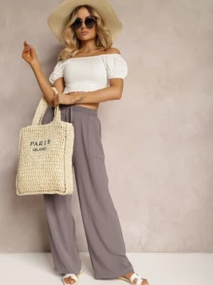 Szare Spodnie High Waist ze Sznurkiem w Talii i Prostą Nogawką Raveann