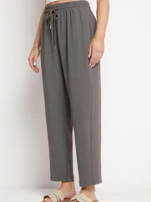 Szare Spodnie Luźne z Kieszeniami i Gumką w Talii oraz Sznurkiem Enivia defox