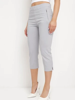 Szare Spodnie o Długości 3 / 4 z Elastyczną Gumką w Pasie i Wiązaniem Cidasara New Fashion