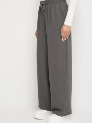 Szare Spodnie z Wiskozą o Szerokim Kroju ze Ściągaczem w Talii Lavirre defox