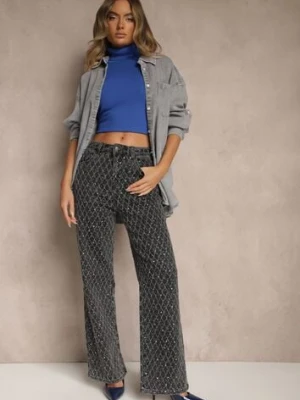 Szare Szerokie Jeansy High Waist z Cyrkoniowymi Zdobieniami Zarilene