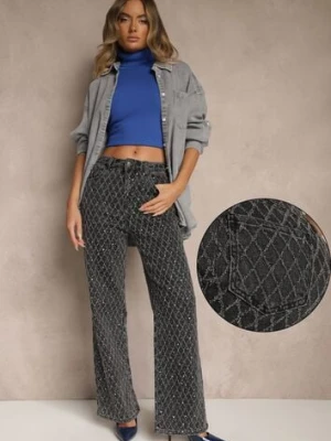 Szare Szerokie Jeansy High Waist z Cyrkoniowymi Zdobieniami Zarilene milas91
