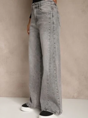 Szare Szerokie Jeansy z Bawełny High Waist Ozdobione Przetarciami Orryna