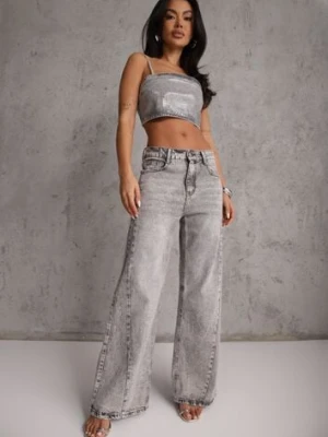 Szare Szerokie Jeansy z Bawełny High Waist Ozdobione Przetarciami Orryna