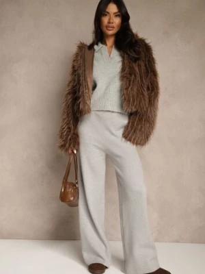 Szare Szerokie Spodnie Dzianinowe Ozdobione Sznurkami Meretusa