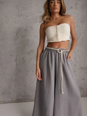Szare Wiskozowe Spodnie Typu Palazzo High Waist Ozdobione Paskiem Sznurkiem Alemea j&x