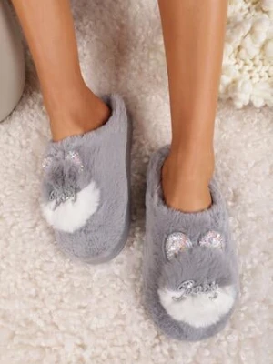 Szare Wsuwane Kapcie na Płaskiej Podeszwie z Aplikacją 3D w Kształcie Króliczka z Cyrkoniami Pottira