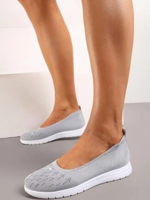 Szare Wsuwane Tenisówki na Płaskiej Podeszwie Zdobione Imitacją Cyrkonii Foviana