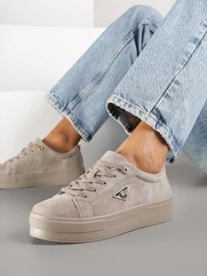 Szare Zamszowe Sneakersy na Grubej Podeszwie z Metaliczną Ozdobą Messle santorio