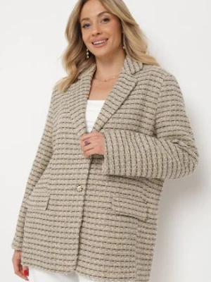 Szaro-Beżowa Marynarka Tweedowa Retro o Jednorzędowym Fasonie Asaretta jus de pom