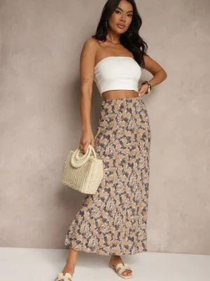 Szaro-Beżowa Rozkloszowana Spódnica z Wiskozy High Waist Fevanice rosita