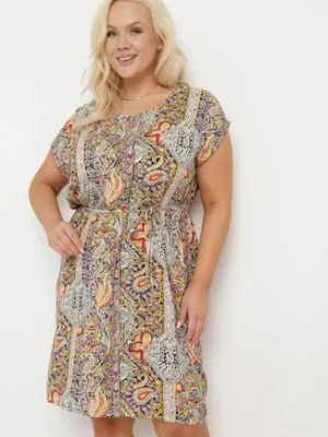 Szaro-Beżowa Wiskozowa Sukienka w Stylu Boho o Pudełkowym Kroju z Materiałowym Paskiem Neteri