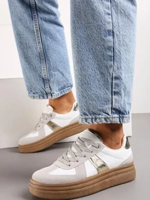 Szaro-Białe Sneakersy na Niskiej Platformie z Materiałowymi Wstawkami Xeonbia
