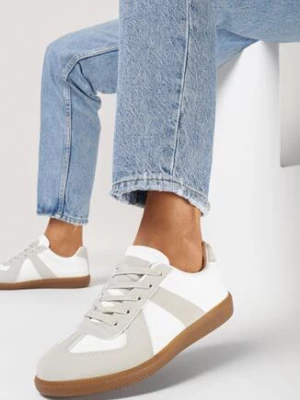 Szaro-Białe Sneakersy na Płaskiej Podeszwie z Ekoskóry ze Sznurowaniem Venioza