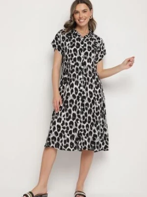Szaro-Czarna Bawełniana Sukienka o Koszulowym Kroju z Kieszeniami w Panterkę Iffanea defox