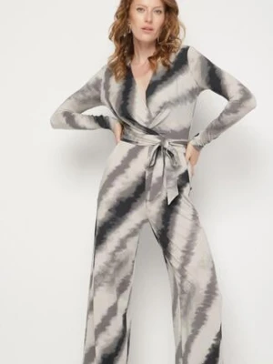 Szaro-Czarny Kopertowy Kombinezon w Paski z Prostymi Nogawkami i Paskiem Aselle by swan