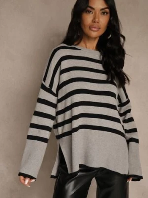 Szaro-Czarny Sweter Oversize w Paski Kalitusa