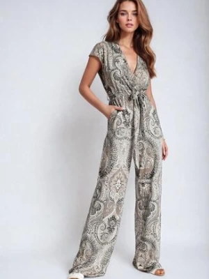 Szaro-Czarny Taliowany Kombinezon z Szerokimi Nogawkami z Gumką w Talii i Paskiem Qumorea by swan