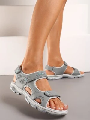 Szaro-Miętowe Płaskie Sandały ze Skórzaną Wkładką i Zapięciami na Rzepy Tesama