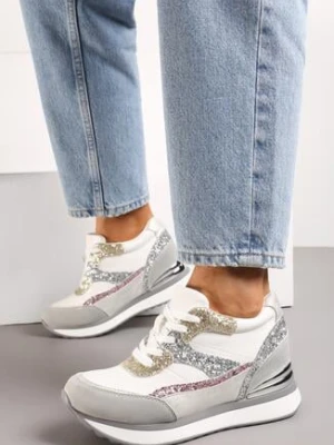 Szaro-Różowe Sneakersy na Ukrytym Koturnie Ozdobione Brokatem Yavina Biały