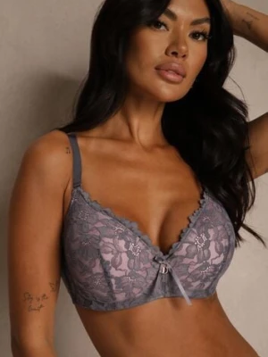 Szaro-Różowy Biustonosz Ozdobiony Koronką i Kokardką Aqiany