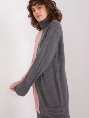 Szaro-różowy długi damski sweter z golfem BADU