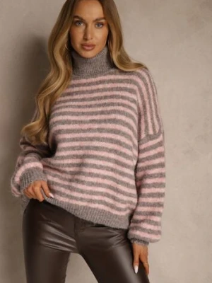 Szaro-Różowy Golf z Dodatkiem Wełny Ozdobiony Paskami Monarria