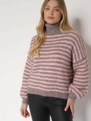 Szaro-Różowy Golf z Domieszką Wełny w Paski Monallia jumelle