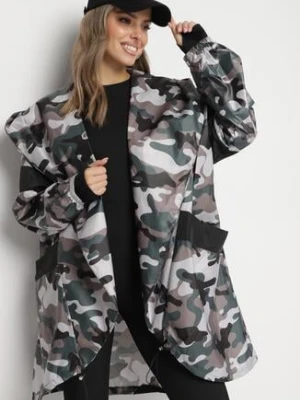 Szaro-Zielona Kurtka Wiatrówka Niezapinana z Kapturem i Troczkami do Ściągania Tanae new collection